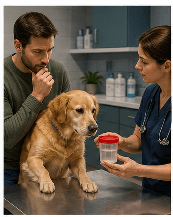 Worried dog owner at a veterinary clinic discussing a stool concern