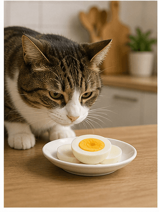Cat near a small plain cooked egg portion in a dish
