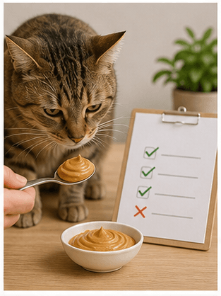 Cat sniffing a tiny spoon of peanut butter beside a caution checklist