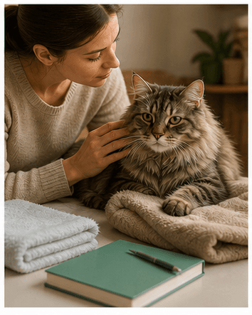 Concerned cat owner tracking vomiting symptoms with a calm cat nearby