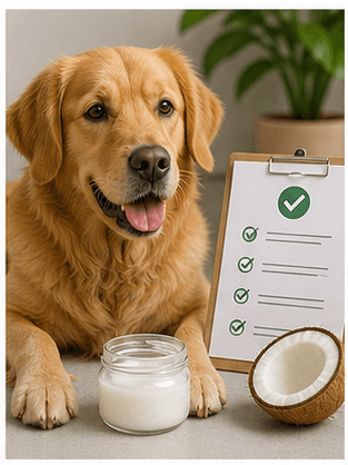Dog beside a small jar of coconut oil and a veterinary care checklist