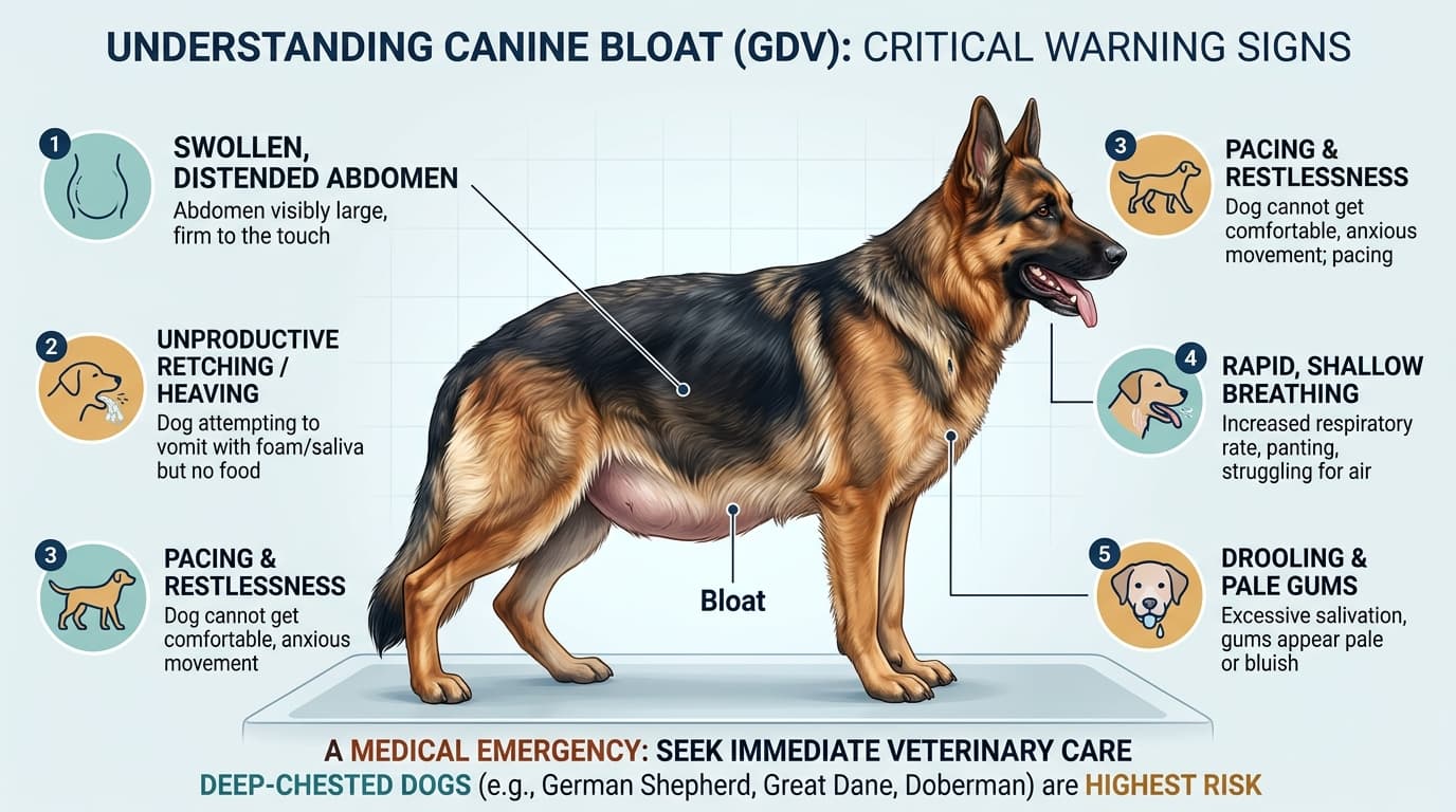 Canine Bloat (GDV) Warning Signs Infographic in Dogs