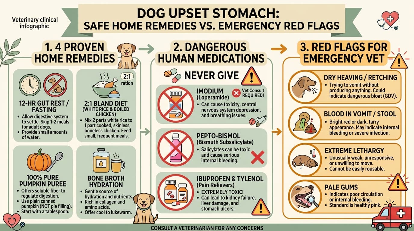 Dog Upset Stomach: Safe Home Remedies vs Emergency Red Flags Infographic
