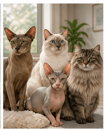 Group of different cat breeds often discussed for allergy-sensitive homes