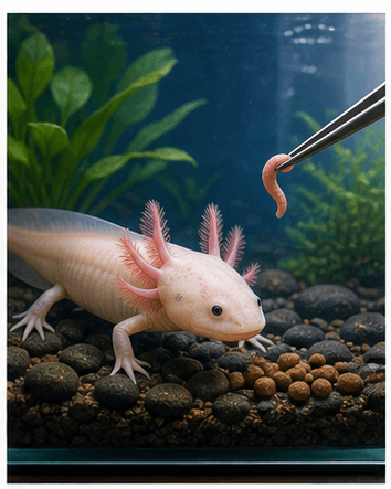 Axolotl in a clean aquarium with safe feeding foods nearby
