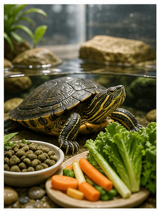 Aquatic turtle near leafy greens, pellets, and safe vegetables for a turtle feeding guide