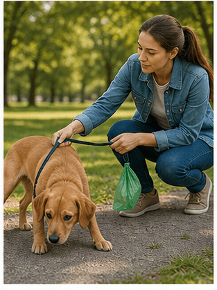 Dog owner redirecting a dog outdoors with a leash and cleanup bag for a poop eating guide