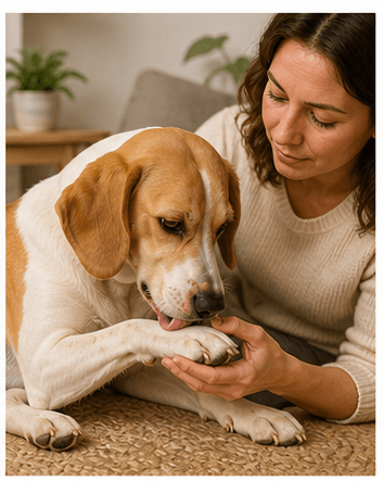 Dog licking a paw while an owner gently checks for irritation
