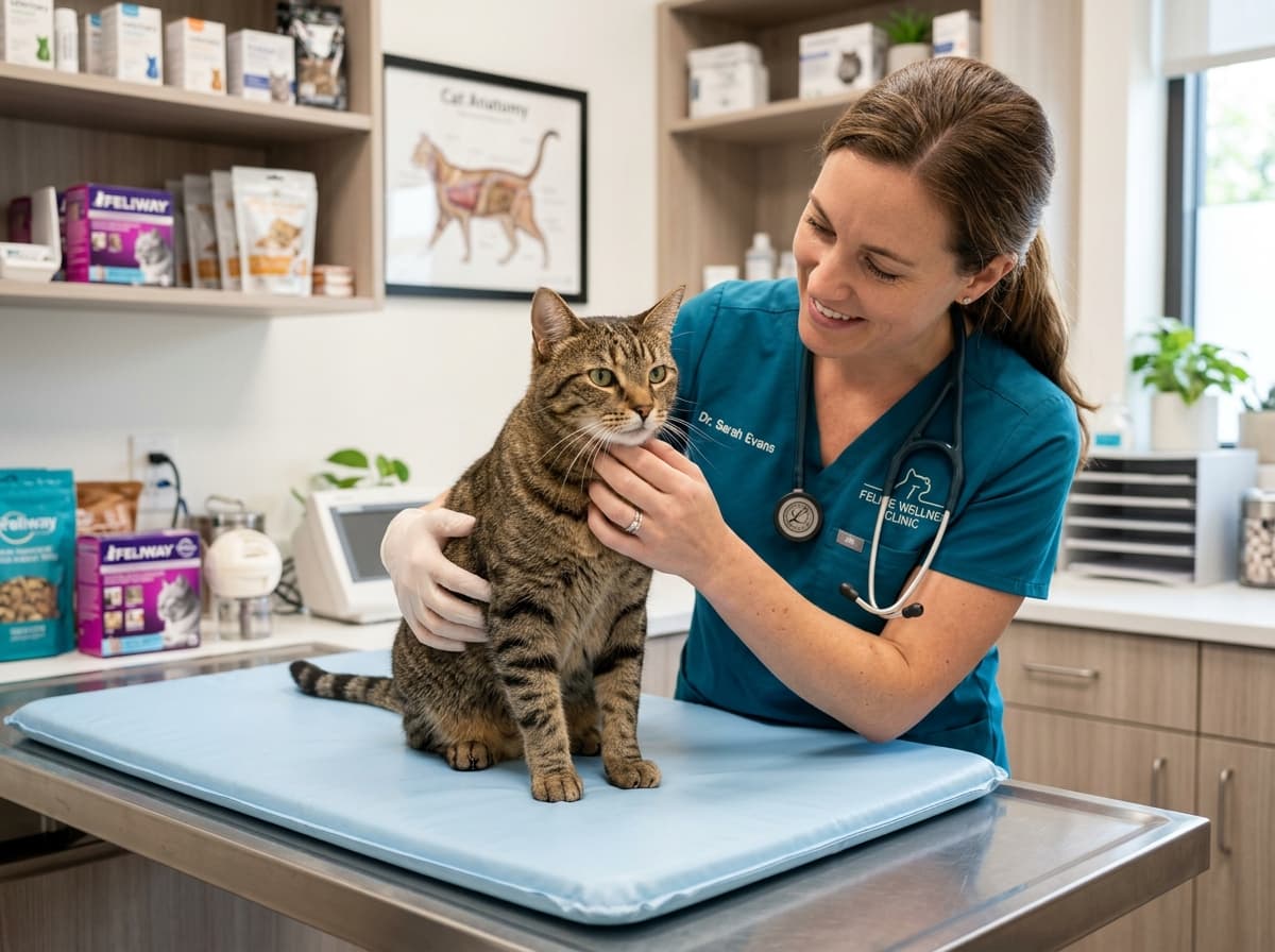 Veterinarian performing a gentle physical exam on a calm domestic cat in a feline clinic room