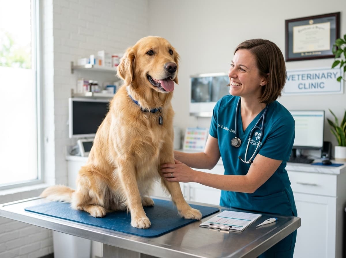 Veterinarian examining a healthy golden retriever on a clinic examination table