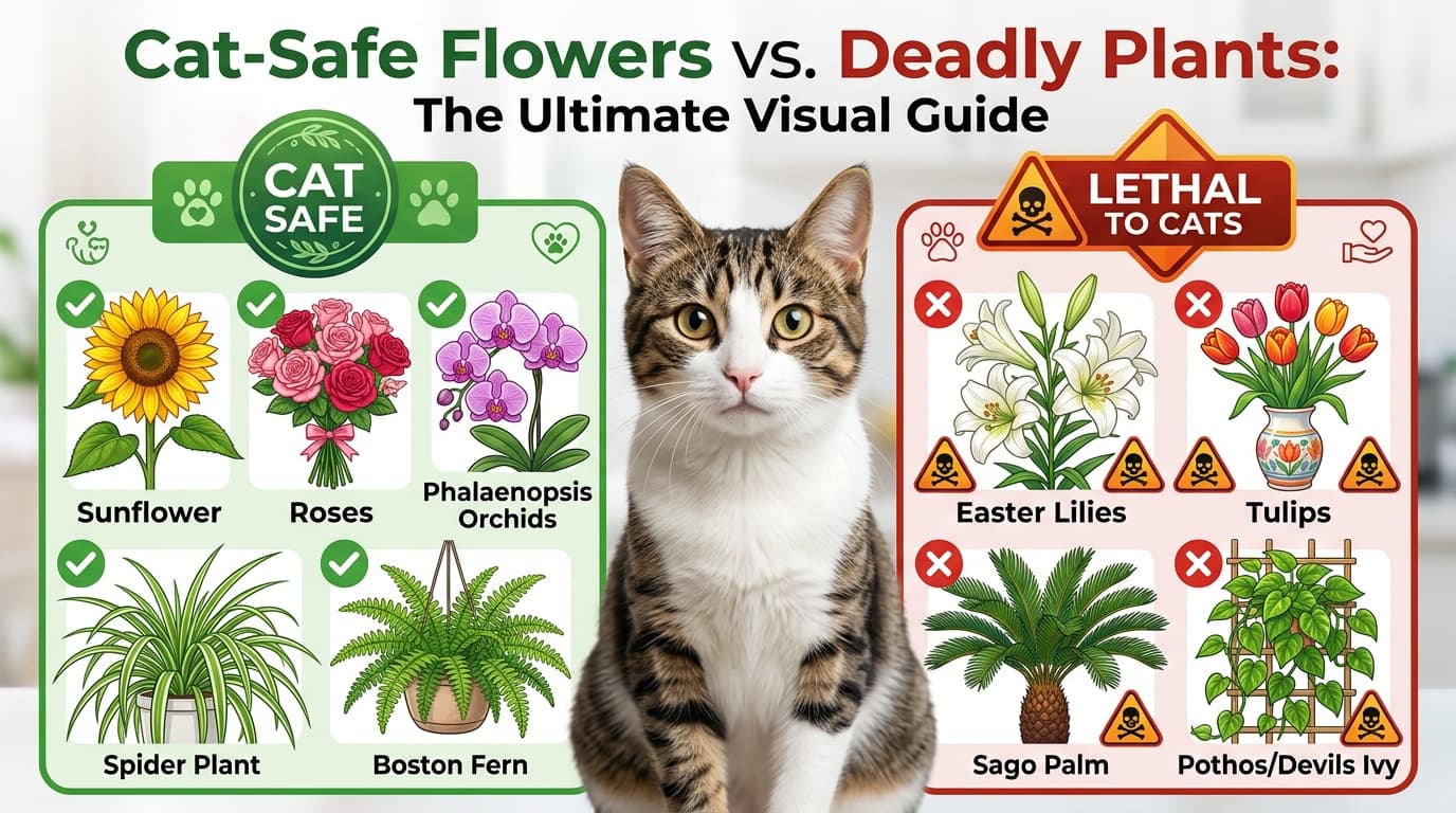 Cat-Safe Flowers vs Deadly Plants Visual Guide Infographic