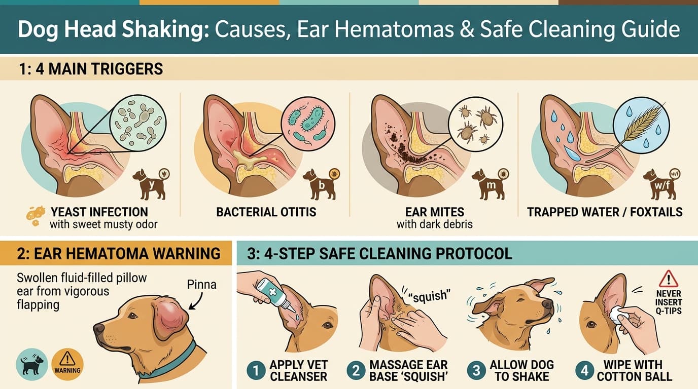Dog Head Shaking: Causes, Ear Hematomas, and Safe Cleaning Guide Infographic